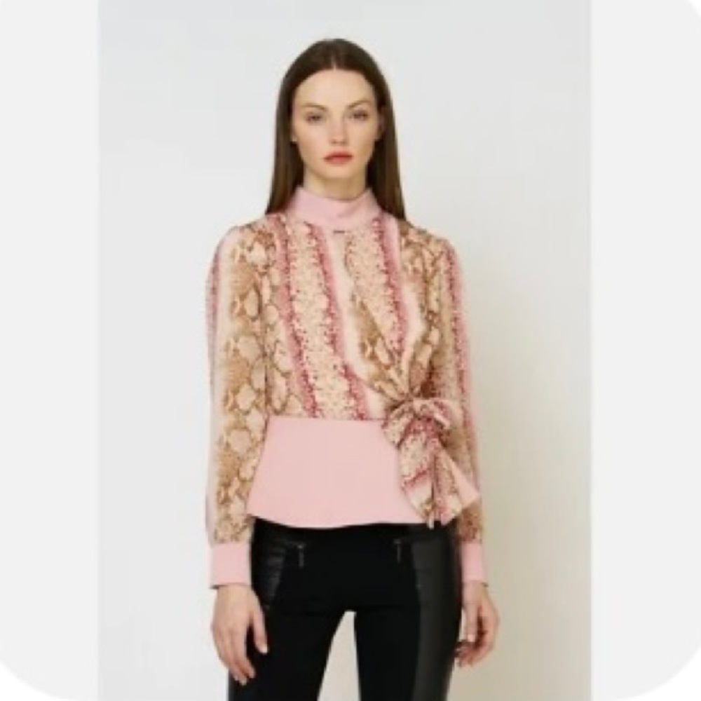 Gracia Neckline Button Wrap Style Long Sleeve pink Blouse -